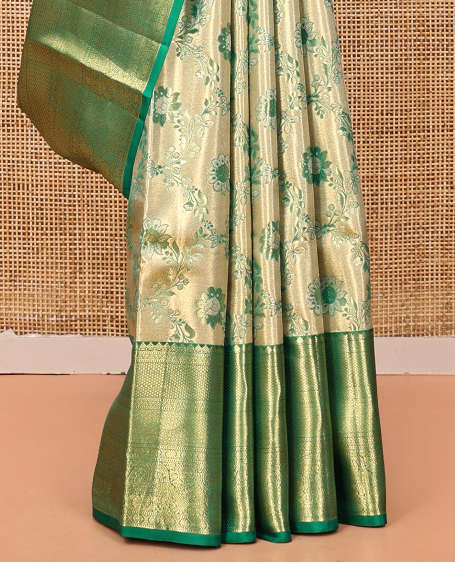 Gold Floral Jacquard Kanchipuram Tissue Silk Saree, Complemented by a Contrast Border of Thilakam Mokku, Muthu, Mayil Kann, Jaal, Cross Kamalam, and Manga, Grand Pallu, and a Matching Blouse