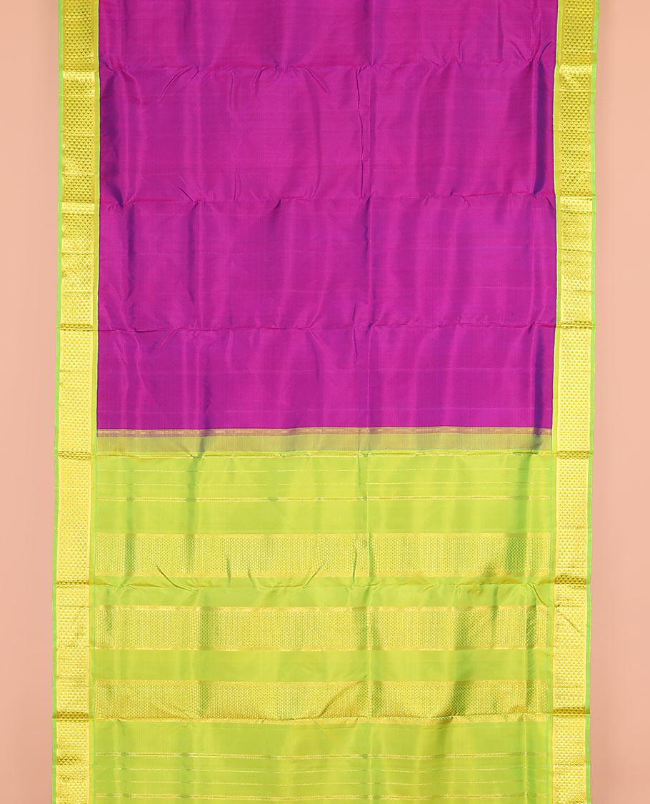 Purple plain nine-yard silk saree, contrast ara maadam design korvai border, and pallu of ara maadam designs