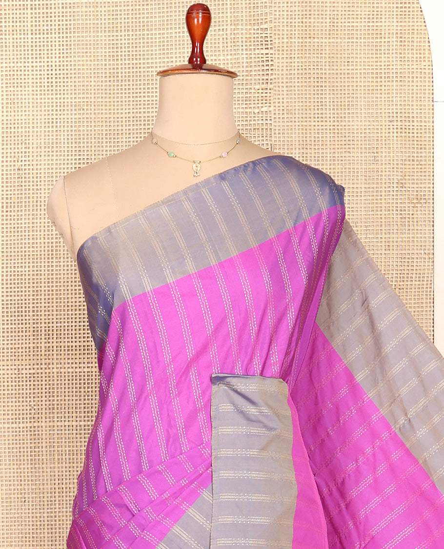 Pink Aarani Silk Saree, Embellished with Zari Stripes All Over Its Body, Complemented by a Contrast Zari Striped Border, Pallu of Stripes, and Paired with a Matching Blouse