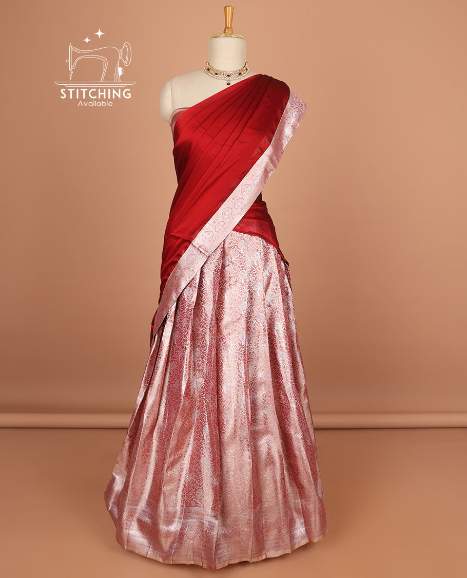 Red floral jacquard half saree with self floral zaei design border , zari design blouse & plain, zari design border dhavani