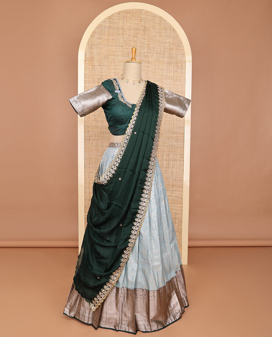 Grey floral art silk half saree with contrast zari design border, embroidered blouse & floral embroidery dhavani