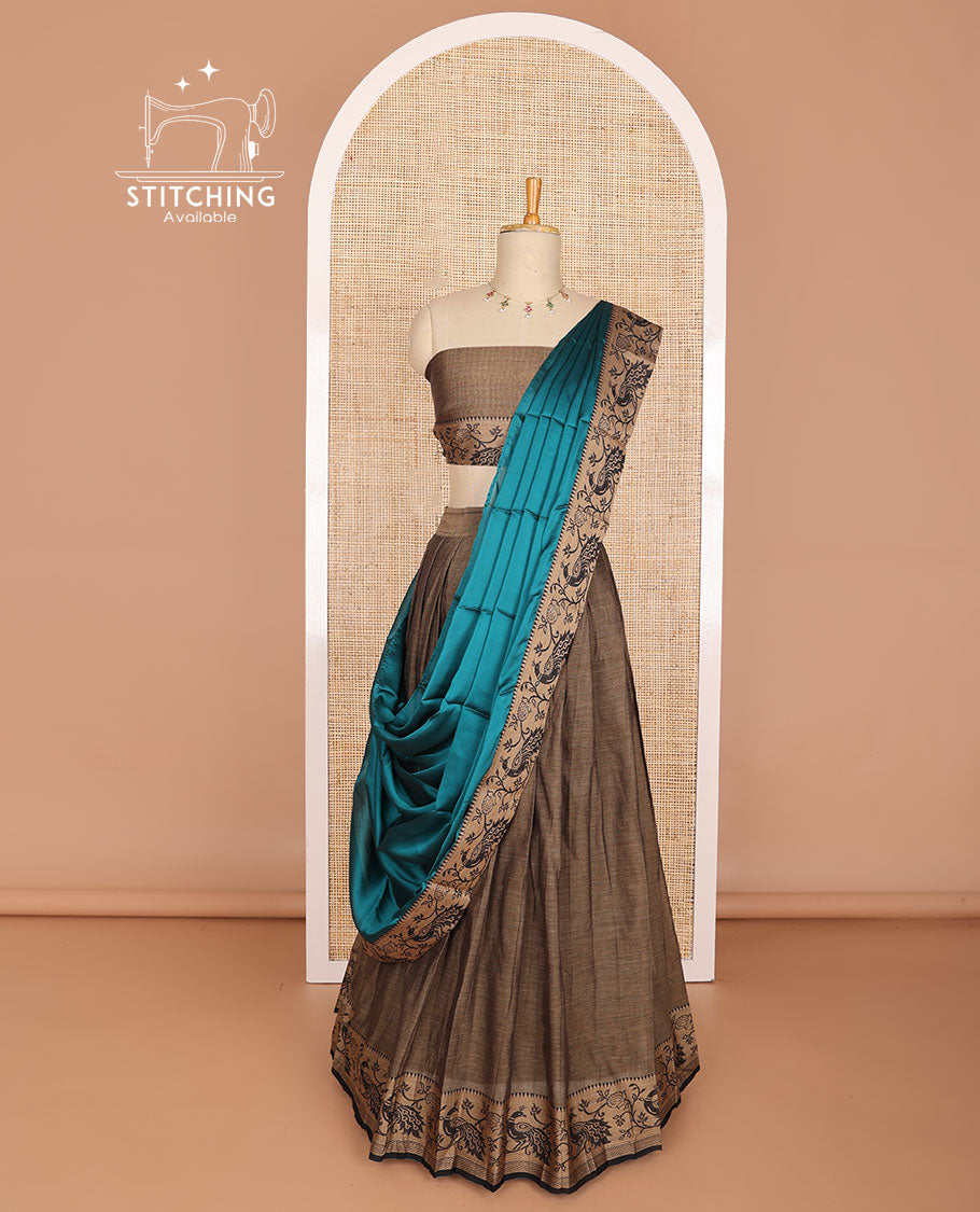 Brown cotton half saree with contrast floral design border, floral blouse & floral design border dhavani