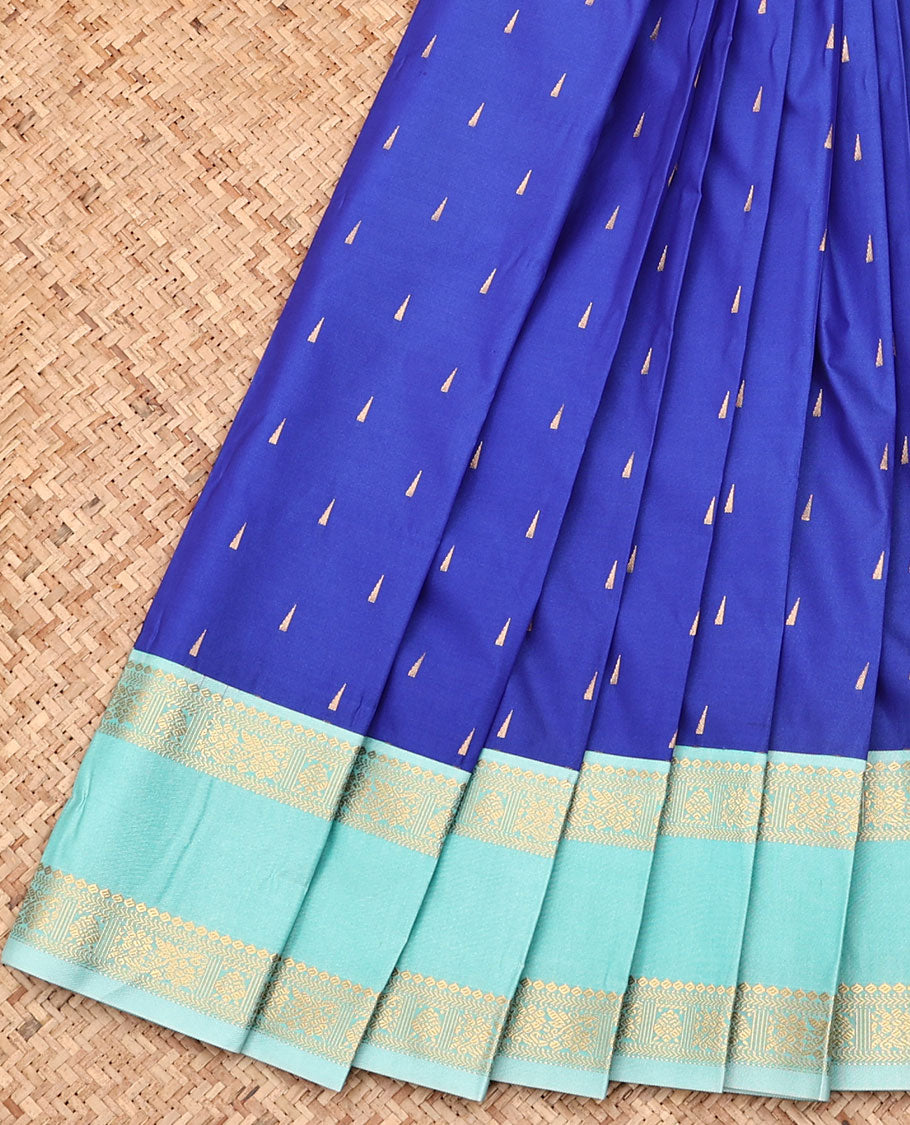 Royal Blue Budget Silk Saree, Featuring Temple Zari Buttas All Over Its Body, Complemented by a Contrast Traditional Zari Design Rettai Pettu Border, Grand Jaal Pallu, and Paired with a Contrast Blouse