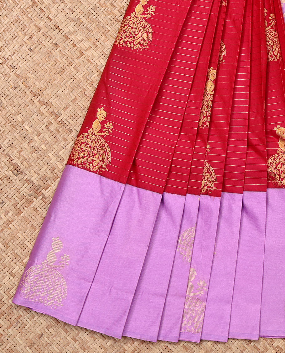 Red Budget Silk Saree, Spotlighted with Zari Buttas and Stripes, Complemented by a Contrast Girl Figurine Zari Border, Grand Pallu, and a Contrast Blouse