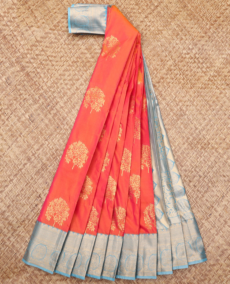 Orange Budget Silk Saree, Delicately Woven with Tree Buttas, Complemented by a Contrast Traditional Zari Border, Intricate Pallu, and a Contrast Blouse