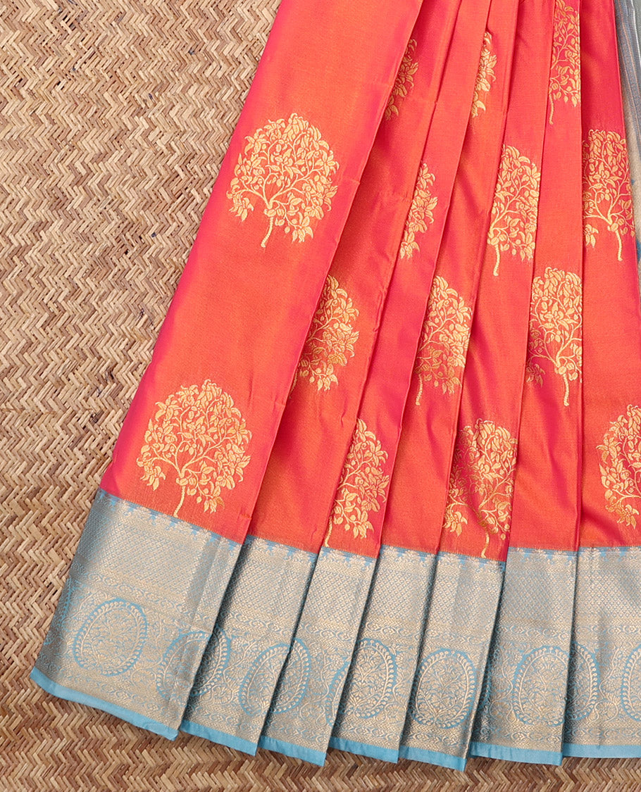 Orange Budget Silk Saree, Delicately Woven with Tree Buttas, Complemented by a Contrast Traditional Zari Border, Intricate Pallu, and a Contrast Blouse