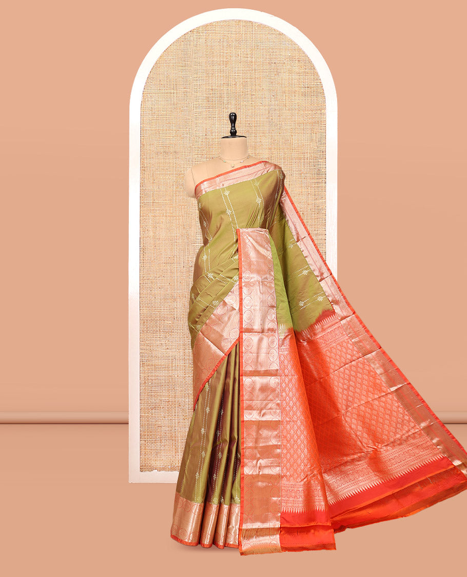 Green Budget Silk Saree, Enthralled with Zari Stripes, Complemented by Contrast Traditional Zari Border, Pallu of Jaal Designs, and Contrast Blouse