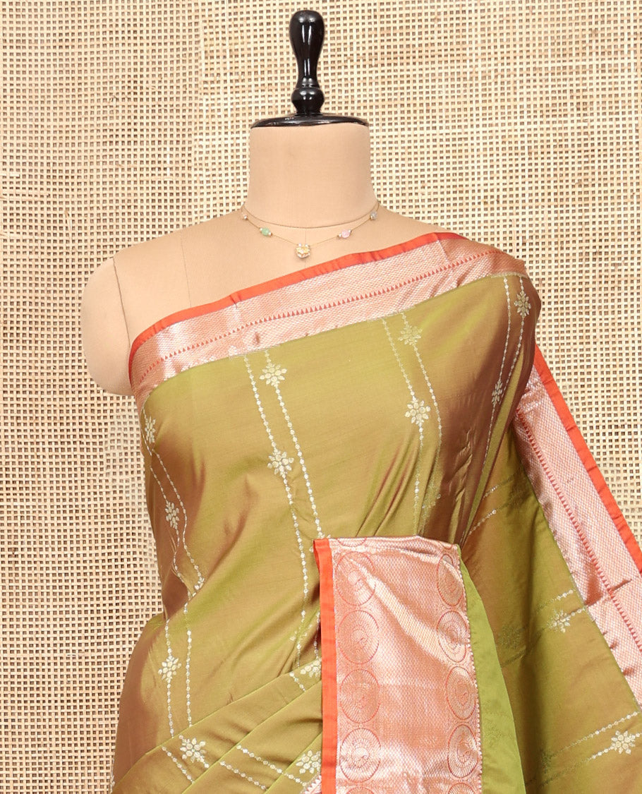 Green Budget Silk Saree, Enthralled with Zari Stripes, Complemented by Contrast Traditional Zari Border, Pallu of Jaal Designs, and Contrast Blouse