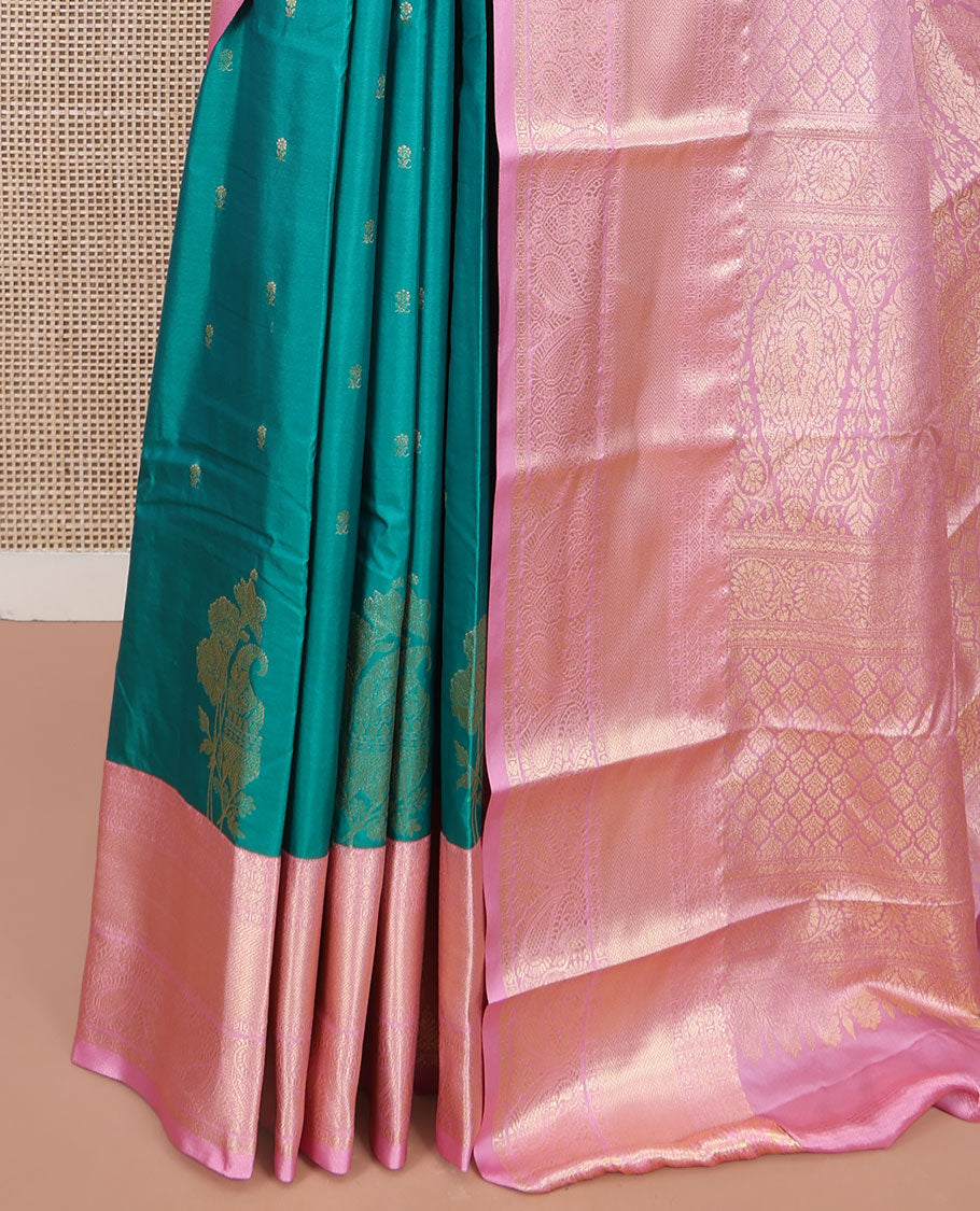 Green Budget Silk Saree, Bedecked with Zari Buttas All Over Its Body, Complemented by a Contrast Traditional Zari Design Border, Intricately Designed Pallu, and Paired with a Contrast Blouse