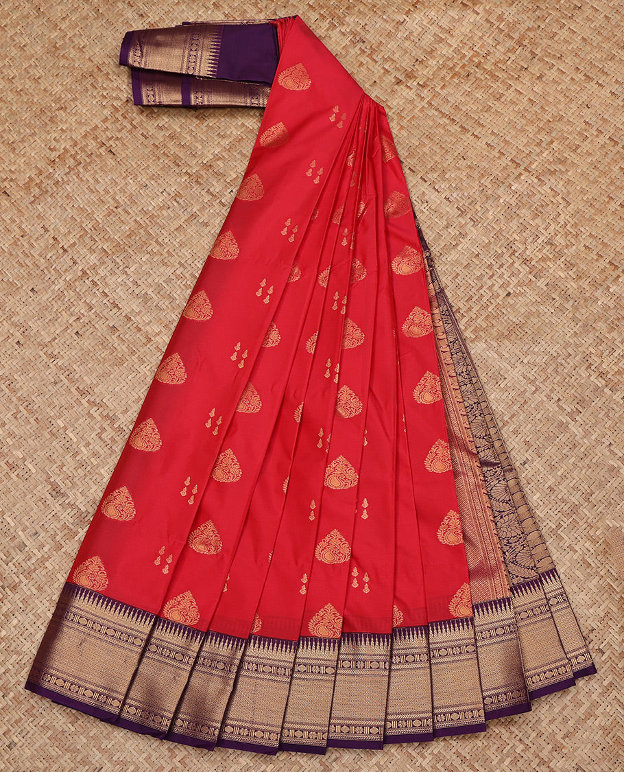 Red Budget Silk Saree, Crafted with Zari Buttas All Over Its Body, Complemented by a Contrast Traditional Zari Design Border, Grand Pallu, and Paired with a Contrast Blouse