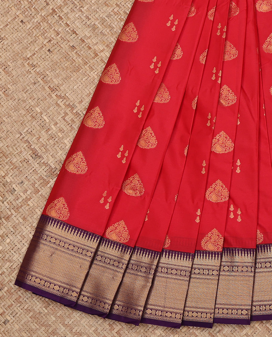 Red Budget Silk Saree, Crafted with Zari Buttas All Over Its Body, Complemented by a Contrast Traditional Zari Design Border, Grand Pallu, and Paired with a Contrast Blouse