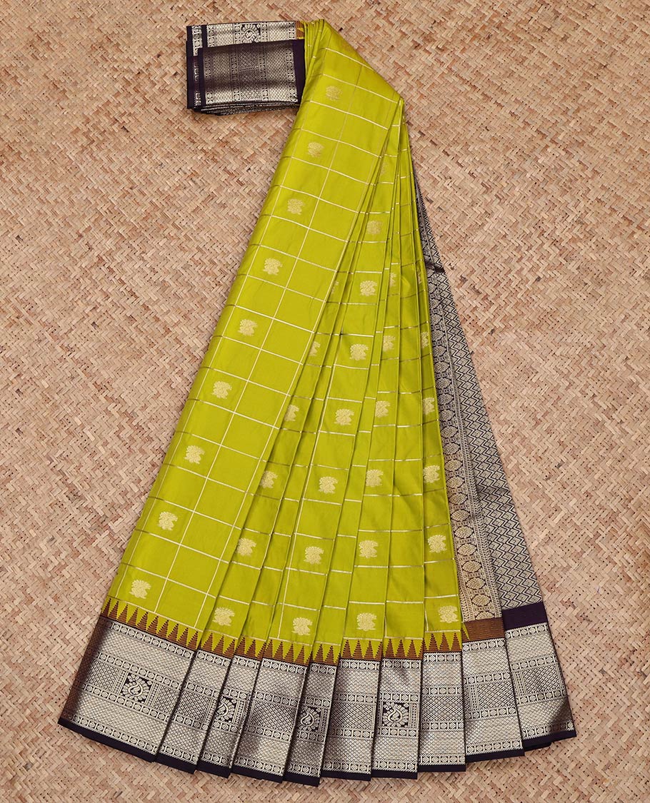 Parrot Green Budget Silk Saree, Gleamed Up with Zari Butta Enclosed Checks on Its Body, Complemented by a Contrast Traditional Zari Design Temple Border, Grand Jaal Pallu, and Paired with a Contrast Blouse