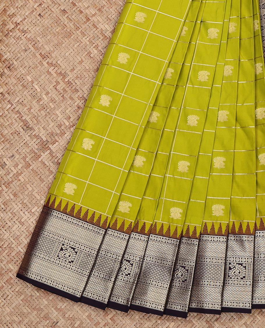 Parrot Green Budget Silk Saree, Gleamed Up with Zari Butta Enclosed Checks on Its Body, Complemented by a Contrast Traditional Zari Design Temple Border, Grand Jaal Pallu, and Paired with a Contrast Blouse