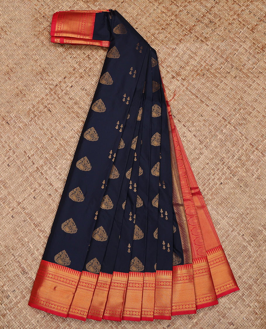 Navy Blue Budget Silk Saree, Woven with Zari Buttas All Over Its Body, Complemented by a Contrast Traditional Zari Design Border, Grand Pallu, and Paired with a Contrast Blouse