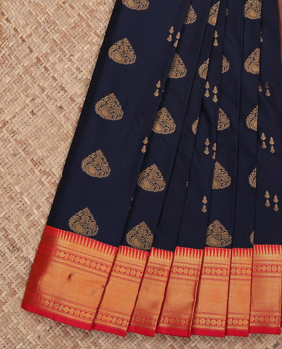 Navy Blue Budget Silk Saree, Woven with Zari Buttas All Over Its Body, Complemented by a Contrast Traditional Zari Design Border, Grand Pallu, and Paired with a Contrast Blouse