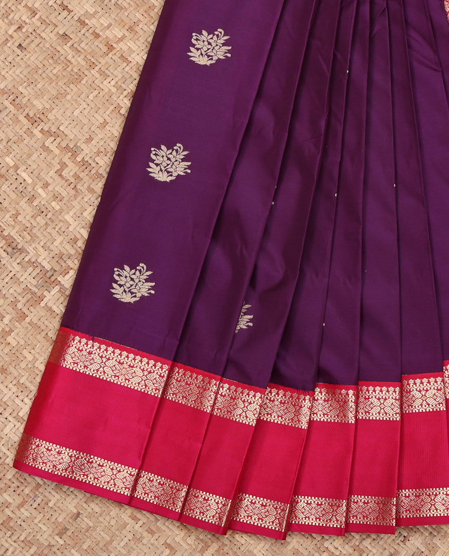 Purple Budget Silk Saree, Finely Crafted with Zari Buttas on Its Body, Complemented by a Contrast Traditional Zari Design Rettai Pettu Border, Pallu of Jaal Designs, and Paired with a Contrast Blouse
