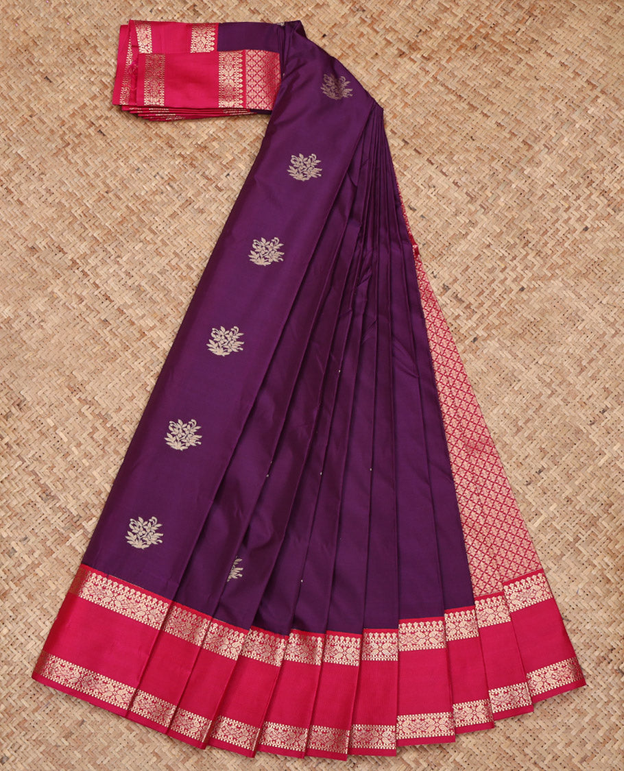 Purple Budget Silk Saree, Finely Crafted with Zari Buttas on Its Body, Complemented by a Contrast Traditional Zari Design Rettai Pettu Border, Pallu of Jaal Designs, and Paired with a Contrast Blouse