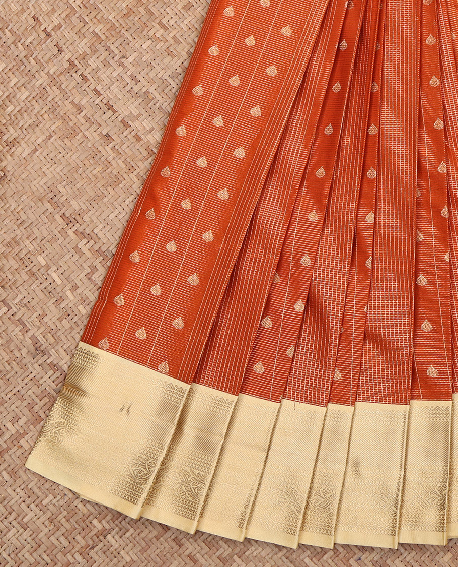 Rust Budget Silk Saree, Bedecked with Buttas and Checks, Complemented by Contrast Traditional Zari Border, Grand Pallu and a Contrast Blouse