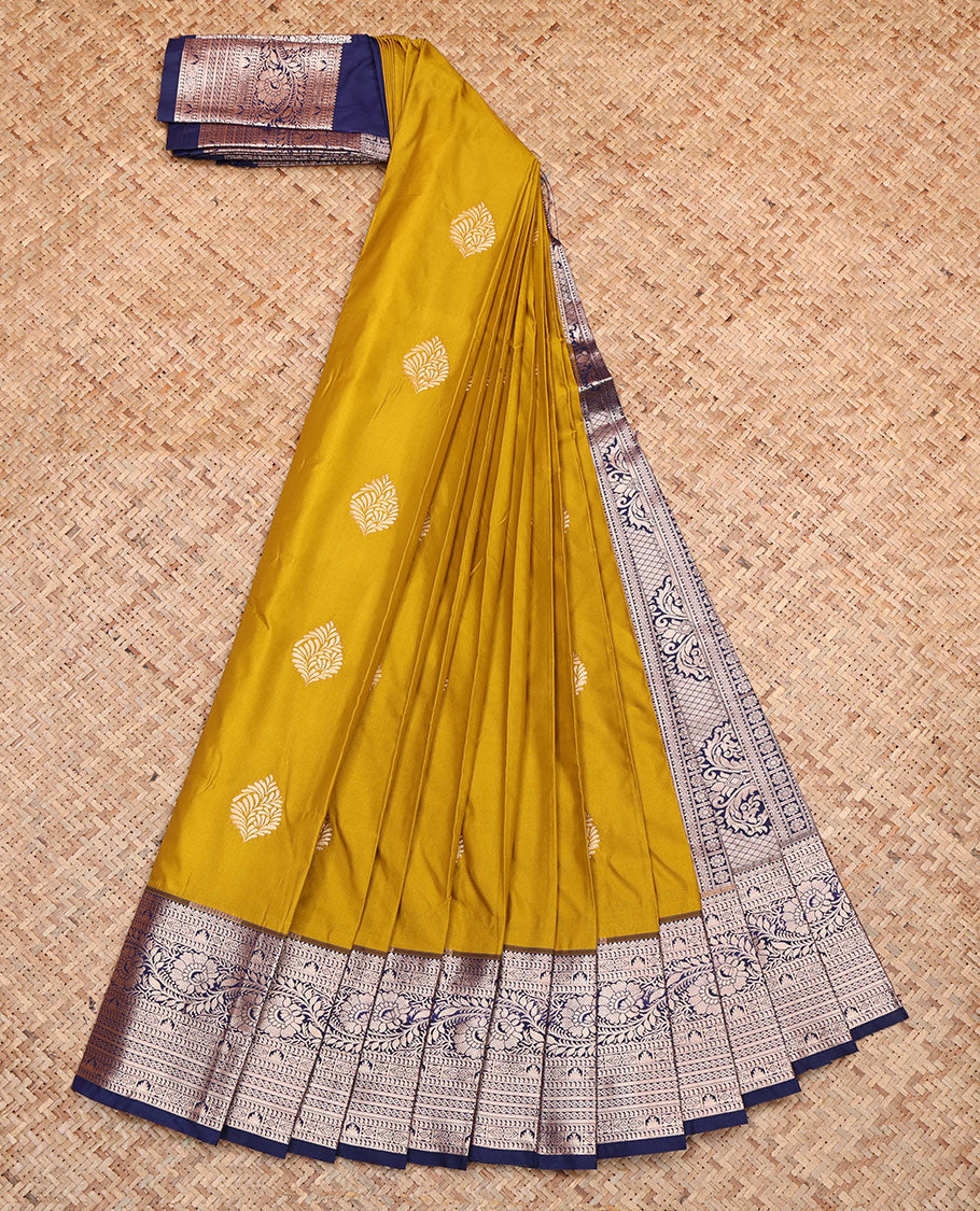 Mustard Budget Silk Saree, Woven with Zari Buttas, Complemented by a Contrast Traditional Zari Border, Pallu of Intricate Designs, and a Contrast Blouse
