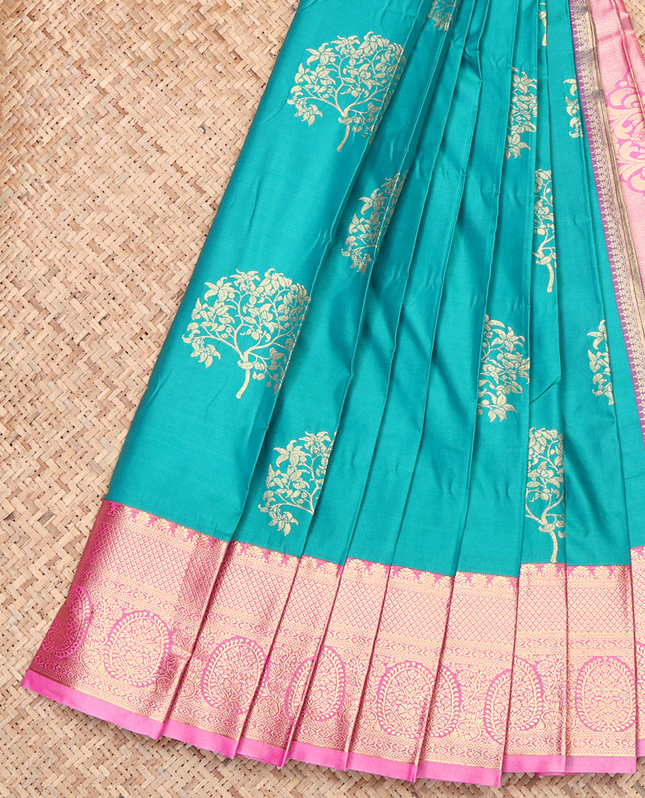 Rama Budget Silk Saree, Decorated with Zari Buttas, Contrast Traditional Zari Border, Grand Pallu, and a Contrast Blouse