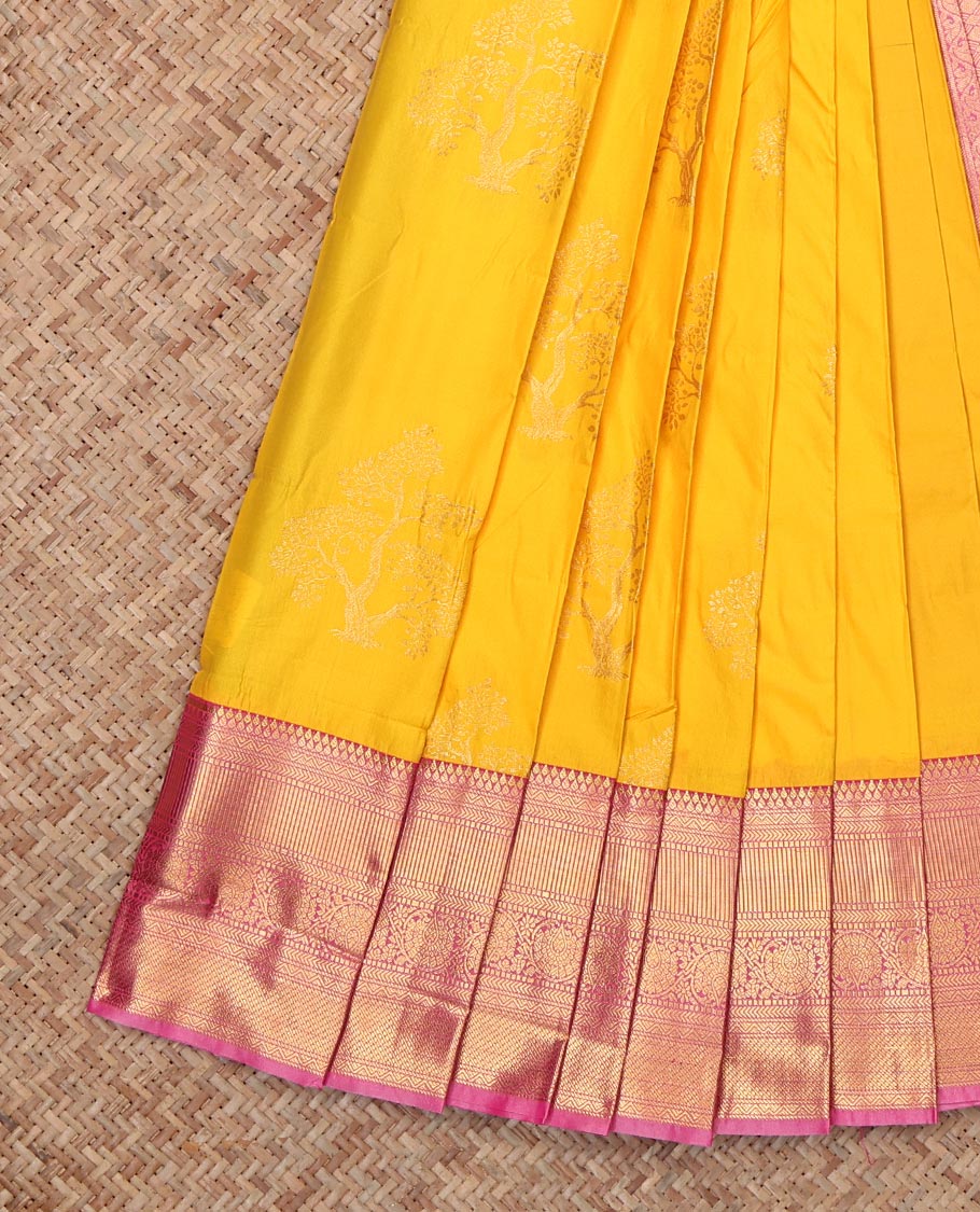 Yellow Budget Silk Saree, Sparsely Woven with Tree Motifs, Complemented by Contrast Traditional Zari Border, Grand Pallu and Contrast Blouse