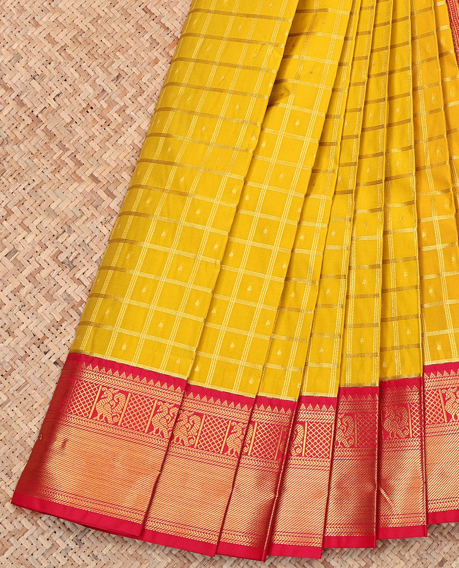 Yellow Budget Silk Saree, Sparsely Woven with Zari Butta Enclosed Checks, Complemented by Contrast Tradittional Zari Border, Grand Pallu, and a Contrast Blouse