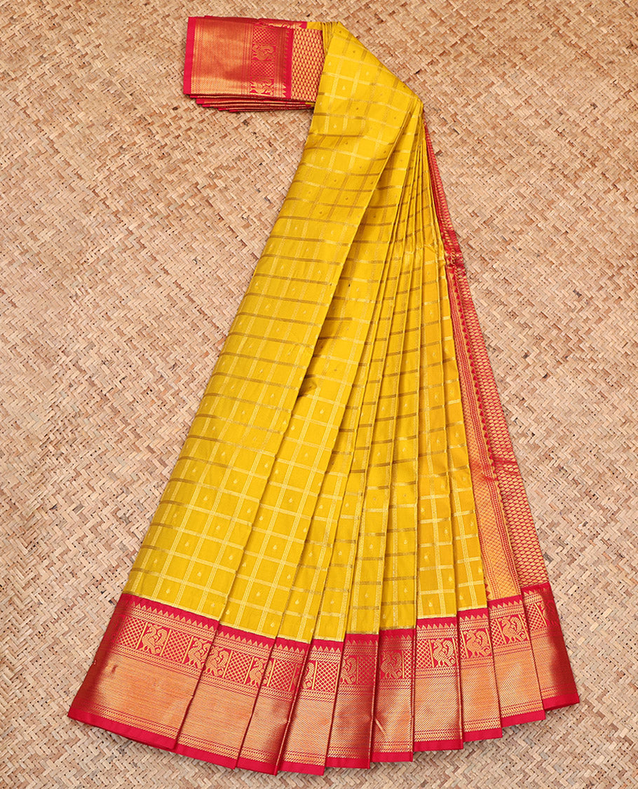 Yellow Budget Silk Saree, Sparsely Woven with Zari Butta Enclosed Checks, Complemented by Contrast Tradittional Zari Border, Grand Pallu, and a Contrast Blouse
