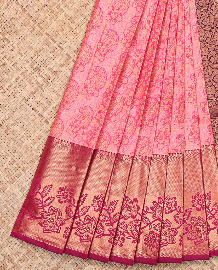 Pink Budget Silk Saree, Decorated with Paisley Jacquard Design, Complemented by Contrast Traditional Floral Creeper Border, Grand Pallu and a Contrast Blouse