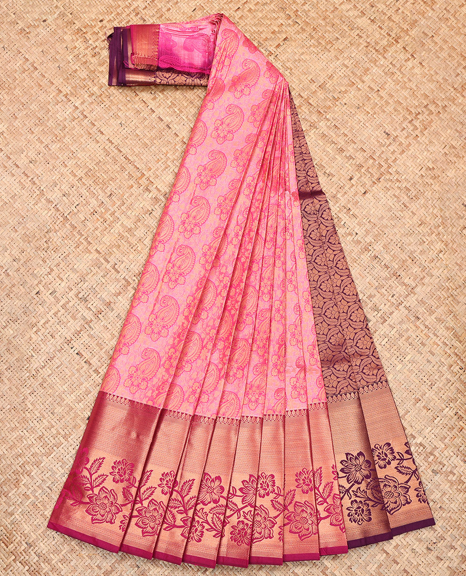 Pink Budget Silk Saree, Decorated with Paisley Jacquard Design, Complemented by Contrast Traditional Floral Creeper Border, Grand Pallu and a Contrast Blouse