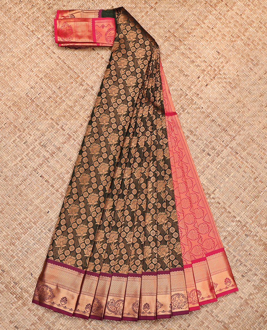 Brown Budget Silk Saree, Detailed with Jacquard, Complemented by a Contrast Traditional Zari Border, Grand Pallu, and a Contrast Blouse