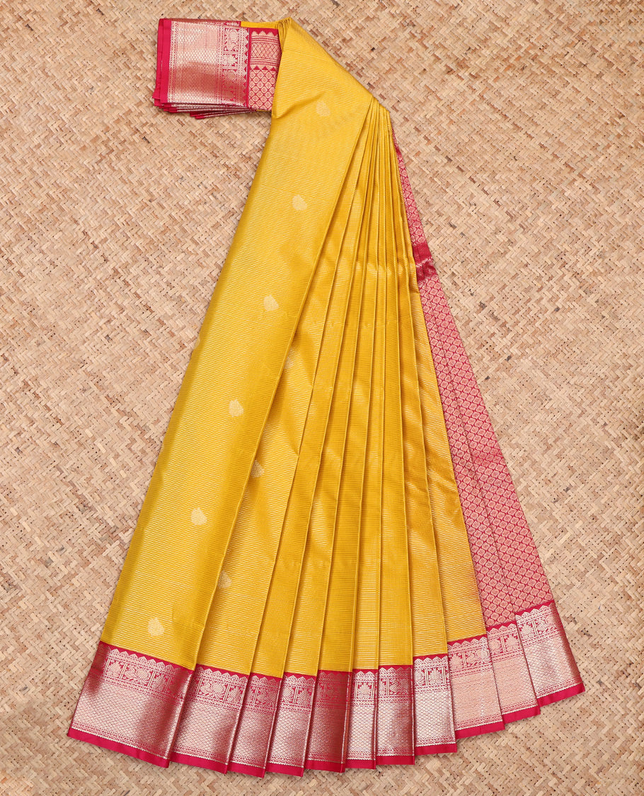 Yellow Budget Silk Saree, Bedecked with Zari Buttas and Stripes, Complemented by a Contrast Traditional Zari Border, Grand Pallu, and a Contrast Blouse