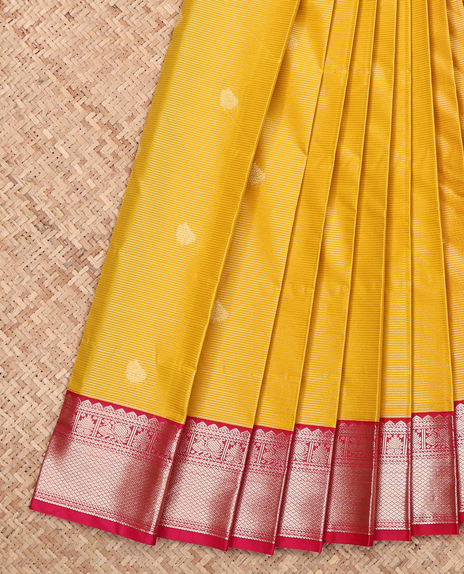 Yellow Budget Silk Saree, Bedecked with Zari Buttas and Stripes, Complemented by a Contrast Traditional Zari Border, Grand Pallu, and a Contrast Blouse
