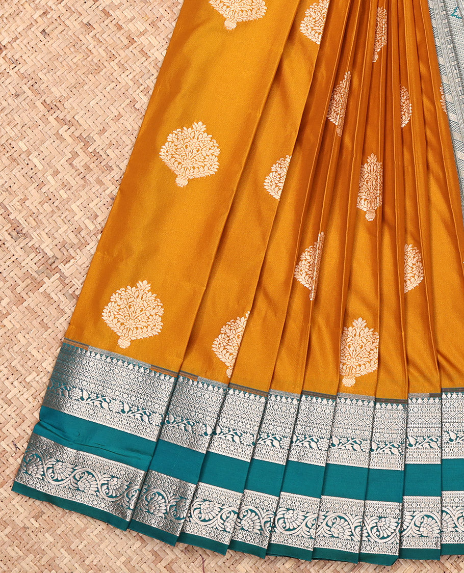 Mustard Budget Silk Saree, Bedecked with Zari Buttas, Complemented by a Contrast Traditional Zari Rettai Pettu Border, Grand Pallu, and a Contrast Blouse