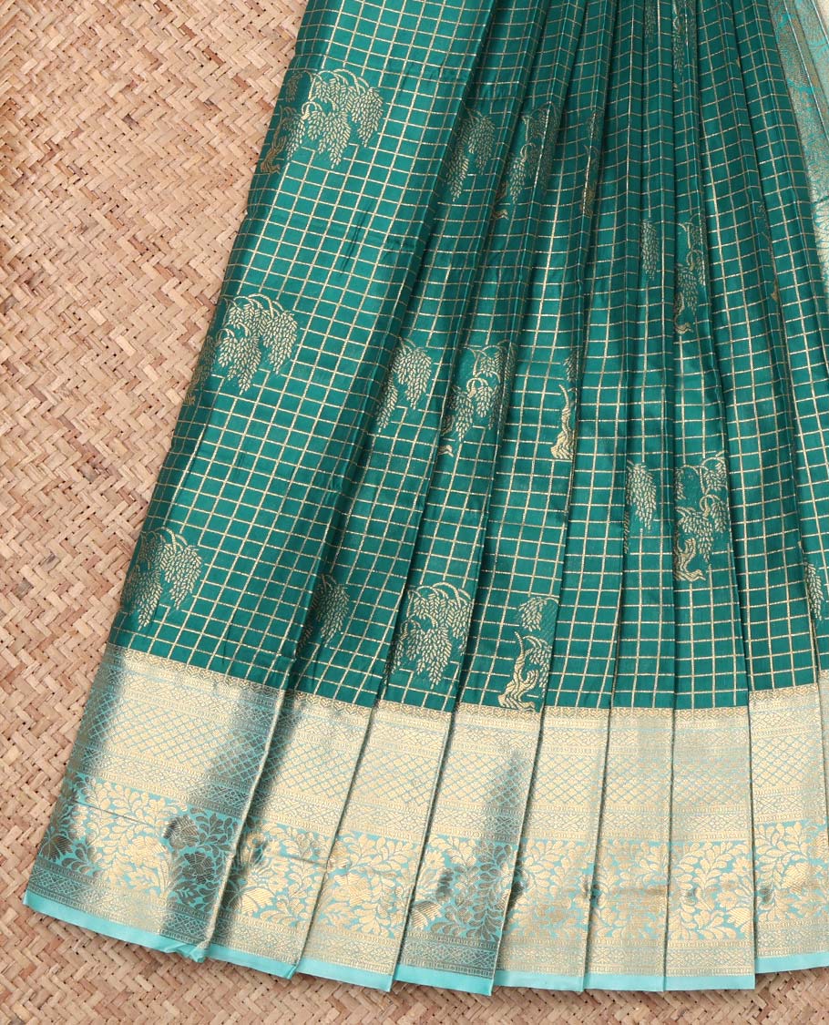 Green Budget Silk Saree, Embellished with Zari Buttas and Checks, Complemented by Contrast Traditional Zari Border, Intricate Pallu, and Contrast Blouse