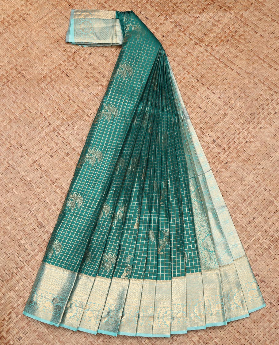 Green Budget Silk Saree, Embellished with Zari Buttas and Checks, Complemented by Contrast Traditional Zari Border, Intricate Pallu, and Contrast Blouse