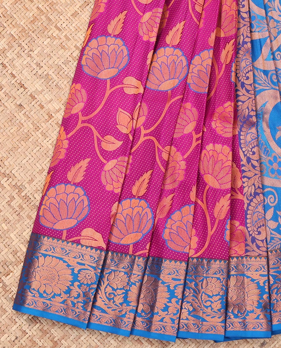 Pink Budget Silk Saree, Artfully Detailed with Floral Jacquard Design, Complemented by a Contrast Floral Creeper Zari Border, Grand Pallu, and a Contrast Blouse