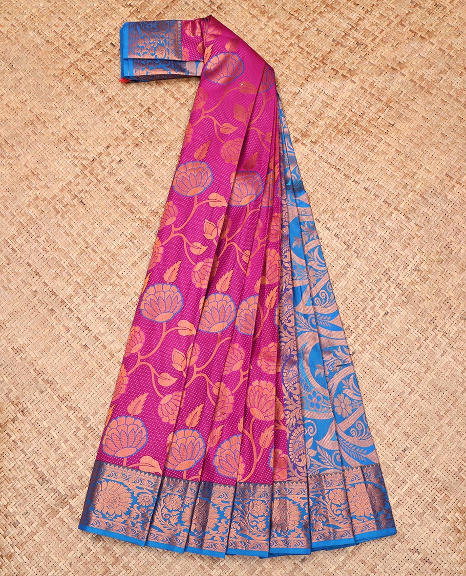 Pink Budget Silk Saree, Artfully Detailed with Floral Jacquard Design, Complemented by a Contrast Floral Creeper Zari Border, Grand Pallu, and a Contrast Blouse