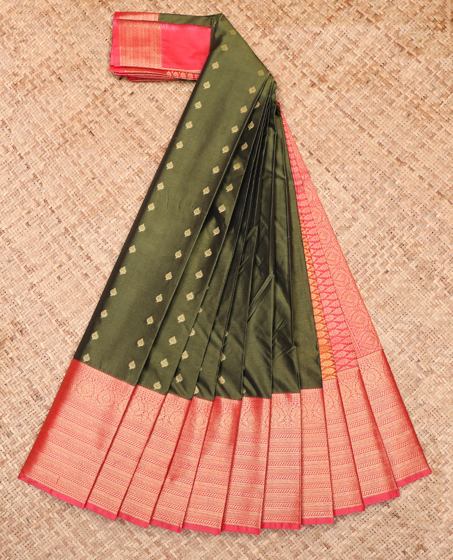Green Budget Silk Saree, Meticulously Crafted with Zari Buttas, Complemented by a Contrast Traditional Zari Border, Grand Pallu, and a Contrast Blouse