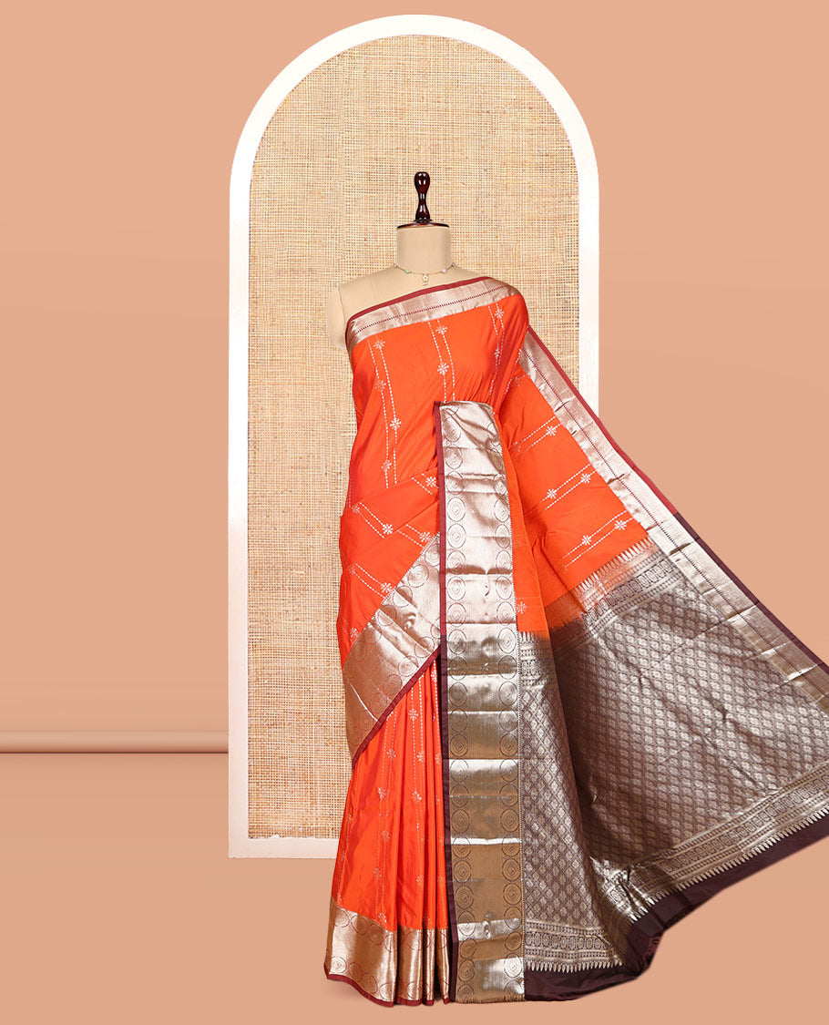 Orange Budget Silk Saree, Gracefully Embellished with Zari Stripes, Complemented by a Contrast Traditional Border, Jaal Pallu, and a Contrast Blouse