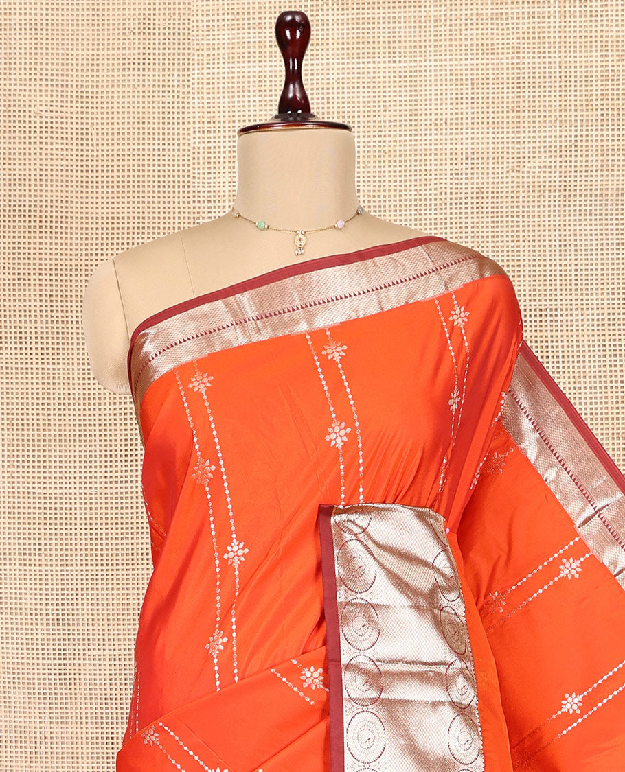 Orange Budget Silk Saree, Gracefully Embellished with Zari Stripes, Complemented by a Contrast Traditional Border, Jaal Pallu, and a Contrast Blouse