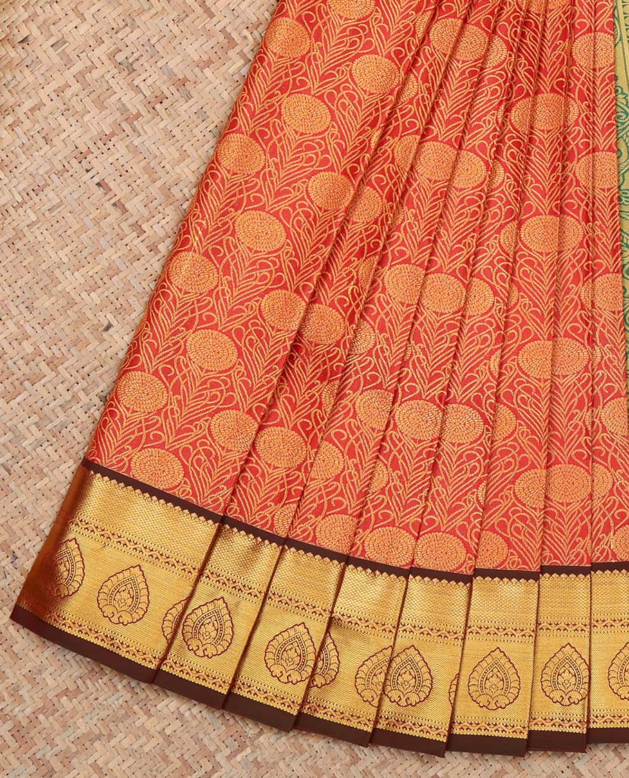 Orange Budget Silk Saree, Embellished with Floral Jacquard Design, Complemented by Contrast Traditional Zari Border, a Geomentric Pallu and a Contrast Blouse