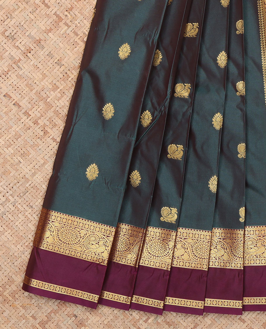 Blue Budget Silk Saree, Enhanced with Peacock and Floral Buttas, a Contrast Traditional Zari Rettai Pettu Border, a Jaal Pallu and a Contrast Blouse