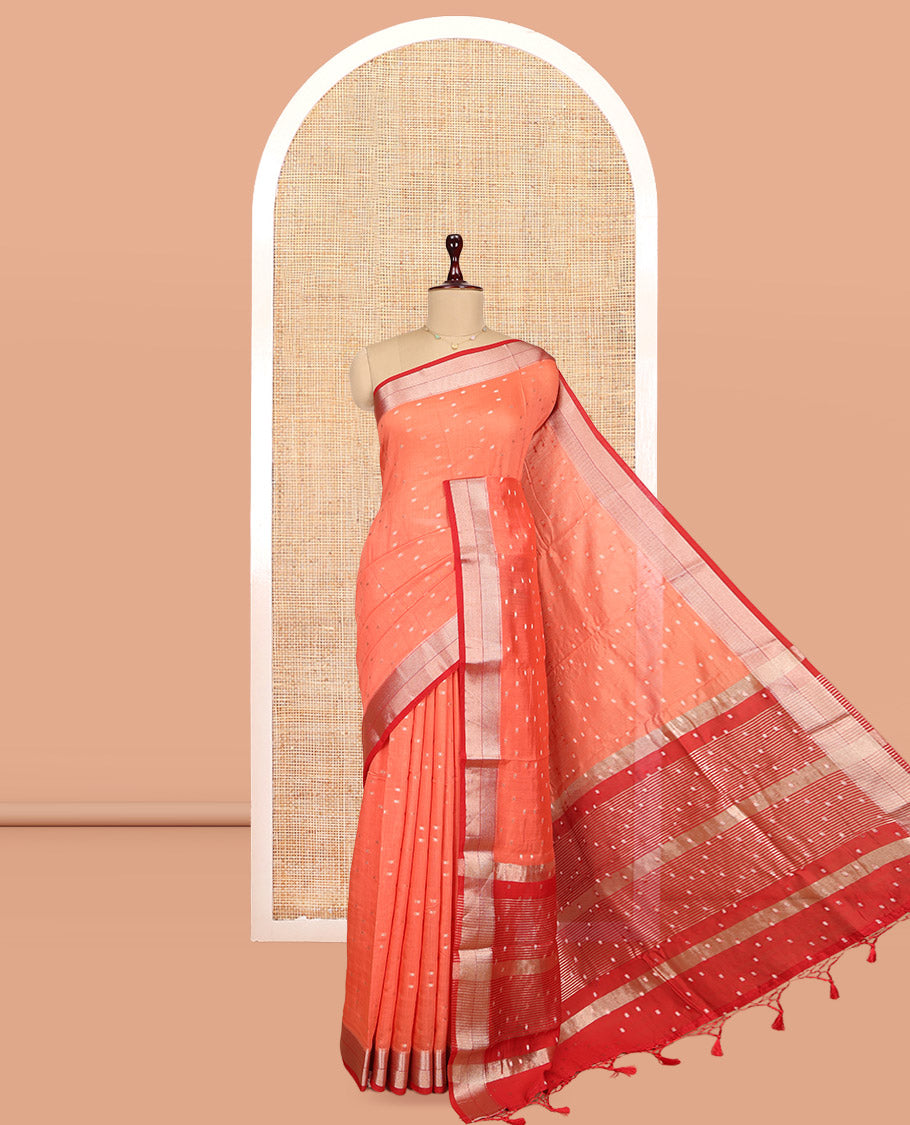 Orange Assam Silk Saree, Embellished with Zari Buttas, Complemented by Contrast Traditional Zari Border, Zari Woven Pallu, and Contrast Blouse
