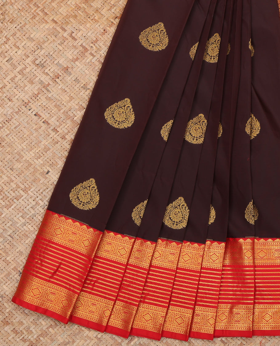 Brown Budget Silk Saree, Beautified with Zari Buttas, a Contrast Traditional Zari Border, Grand Pallu, and a Contrast Blouse
