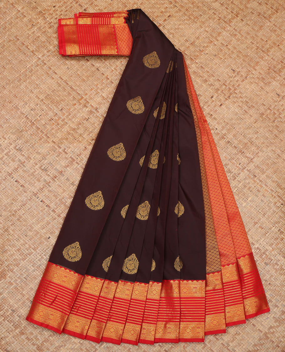 Brown Budget Silk Saree, Beautified with Zari Buttas, a Contrast Traditional Zari Border, Grand Pallu, and a Contrast Blouse