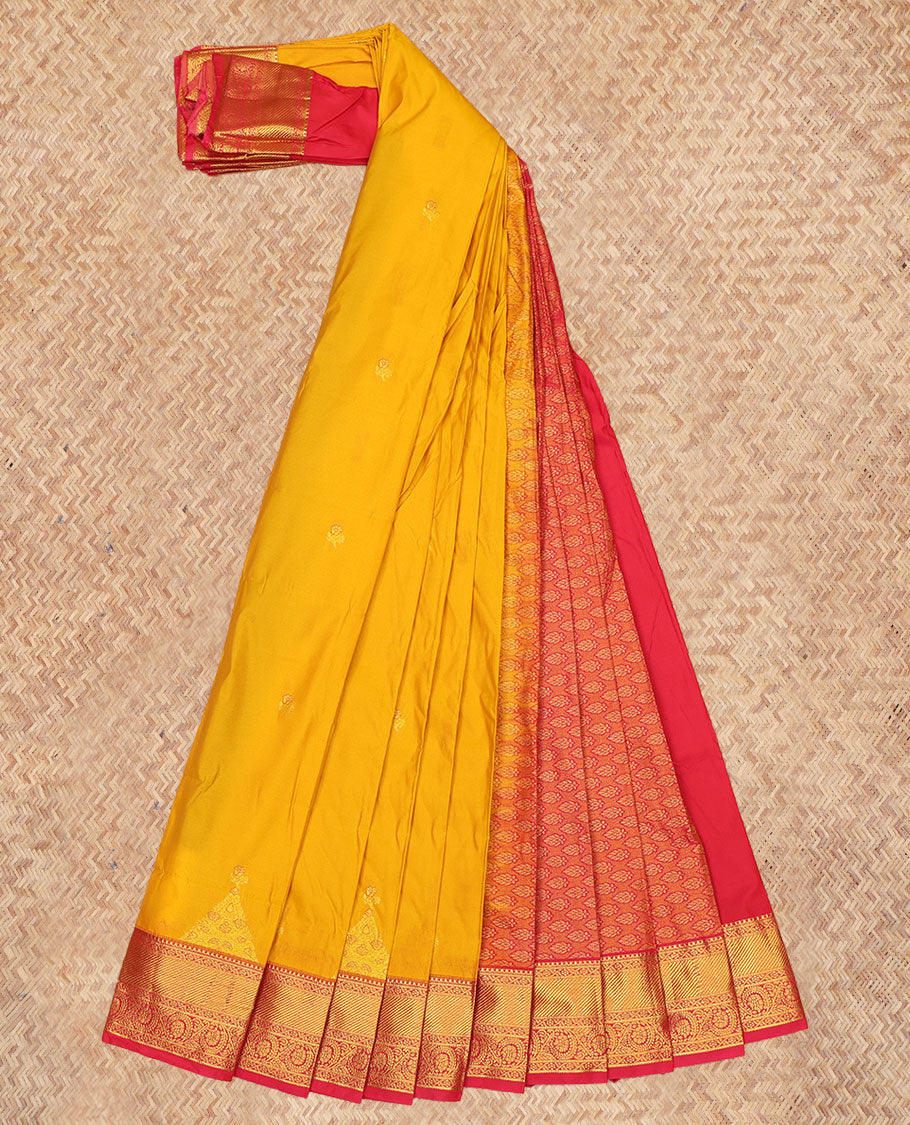 Yellow Budget Silk Saree, Adorned with Zari Buttas, a Contrast Traditional Zari Border, Grand Pallu, and a Contrast Blouse
