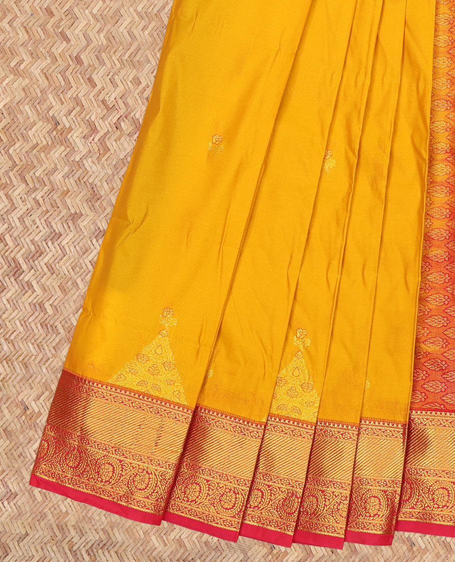 Yellow Budget Silk Saree, Adorned with Zari Buttas, a Contrast Traditional Zari Border, Grand Pallu, and a Contrast Blouse