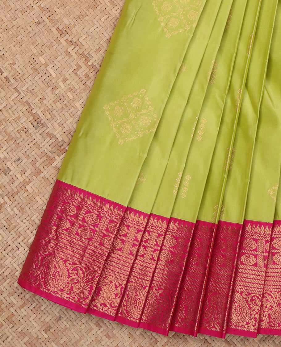 Parrot Green Budget Silk Saree, Gleamed Up with Zari Buttas, a Contrast Traditional Zari Border, Jaal Pallu, and a Contrast Blouse