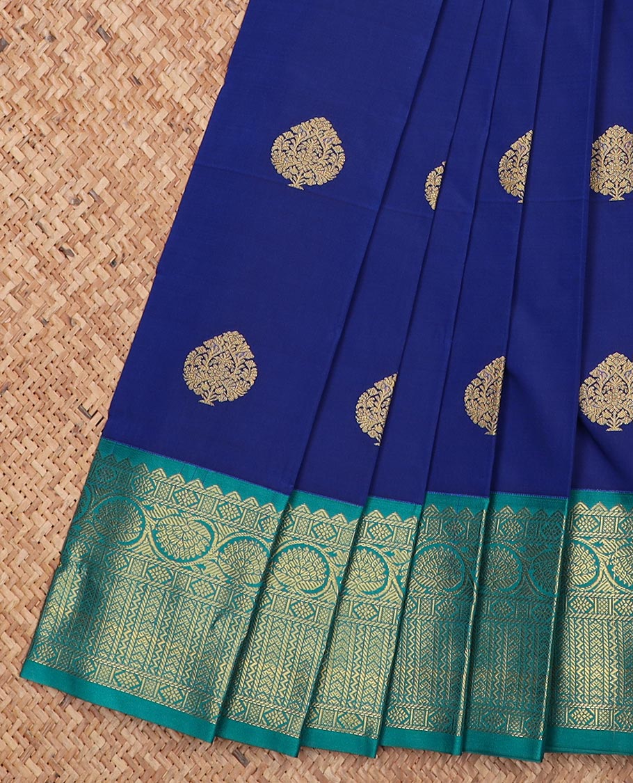 Royal blue zari buttas gift saree, contrast traditional zari design border, and jaal pallu