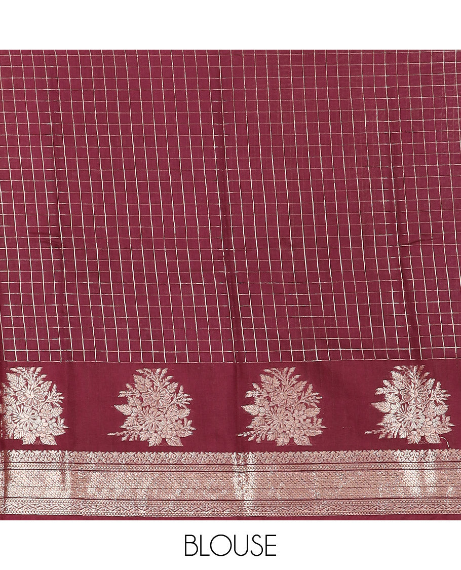 Yellow zari checked Assam silk saree, contrast traditional zari border of floral designs, and pallu of zari designs